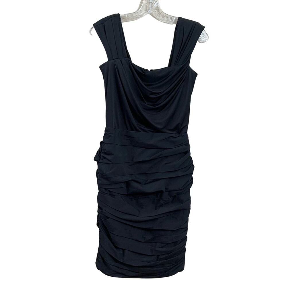Tadashi Shoji Silk Blend Runched Sleeveless Black Sheath Knee Length Dress